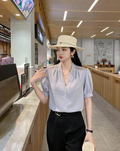 夏季新款 V领订珠上衣,女装,斐伦缇娜