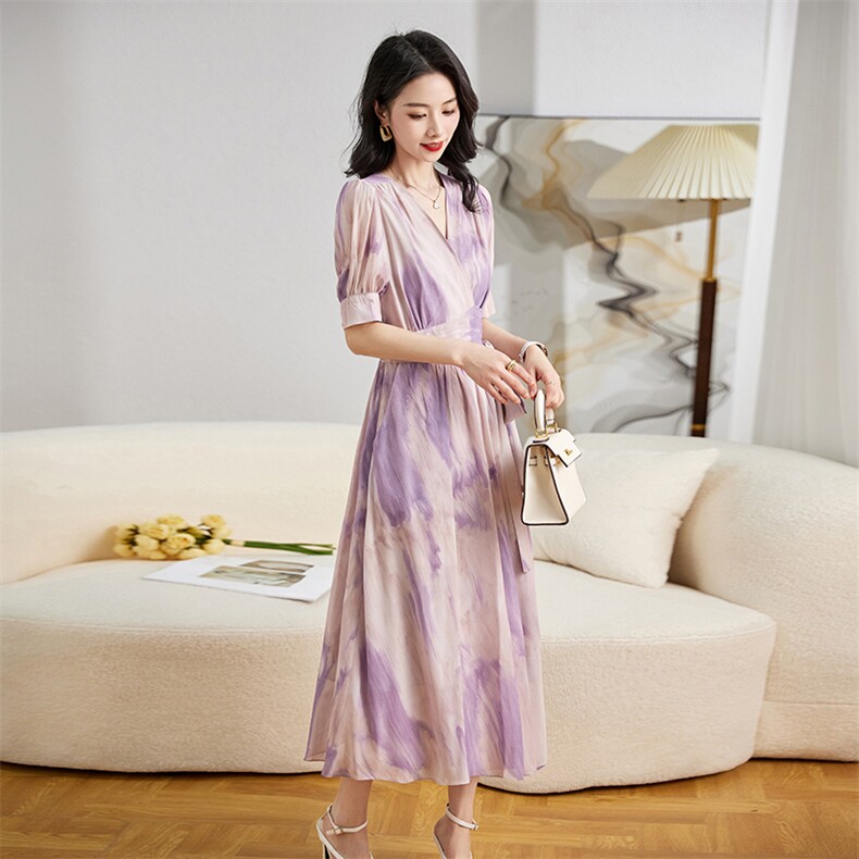 现货！雪纺连衣裙女2023年夏季新款气质显瘦高腰短袖长裙，女装连衣裙，雅佳俏