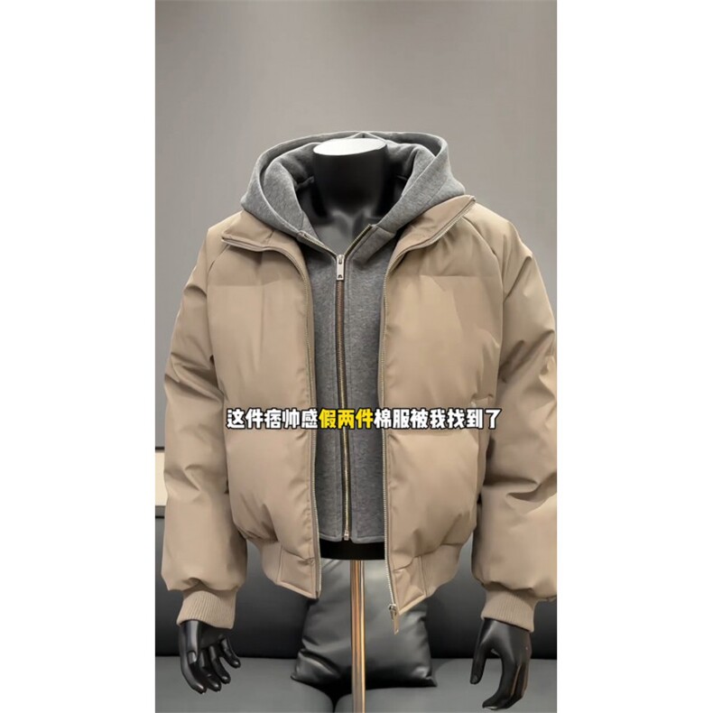 网图 美式假两件pu皮短款棉服男款冬季加厚工装棉袄连帽外套特P89图片