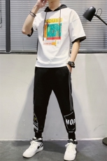 夏季薄款潮流运动休闲两件套印花短袖T恤九分裤套装男TZ230，男装T恤，电商A441