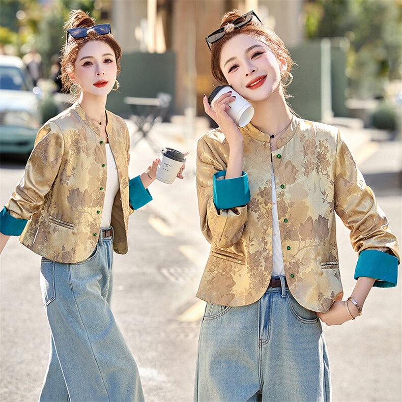 新中式国风提花外套女2025春季新款小个子高级感修身短款唐装上衣,女装短外套,布芭啦