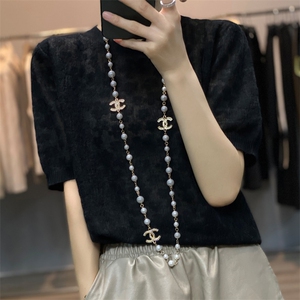 精纺羊毛针织短袖女圆领2024新款碎花T恤薄款镂空天丝半袖打底衫图片