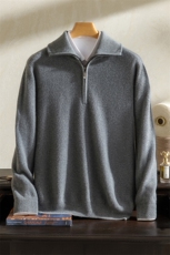 翻领拉链纯色羊绒衫男式针织衫春秋季新款中青年男士长袖毛衣男装，男装羊绒套衫，澳坤羊绒