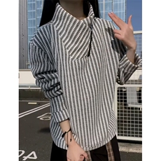 高品质春装新款老钱风美式高街鱼骨纹斜拉链解构高领卫衣长袖t恤，男装T恤，电商A486
