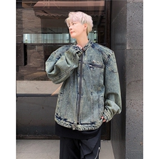美式复古做旧水洗垫肩短款拼接牛仔外套无领夹克男JK8348/P80，男装工装外套，星座506