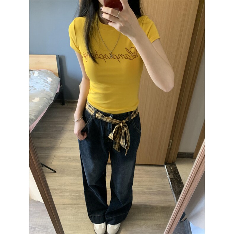 WE1543-P46格子拼接牛仔裤男女直筒显瘦裤子,男装牛仔裤,电商B323A