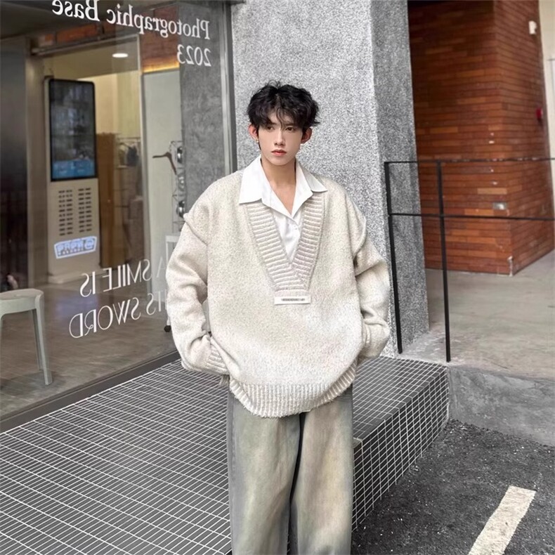 杏色V领毛衣男美式高级感情侣针织衫覆古慵懒风低领外套oversize,男装针织衫/毛衣,星座506A