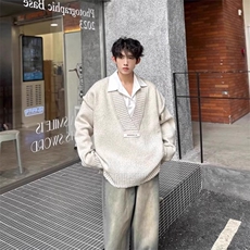 杏色V领毛衣男美式高级感情侣针织衫覆古慵懒风低领外套oversize，男装针织衫/毛衣，星座506A