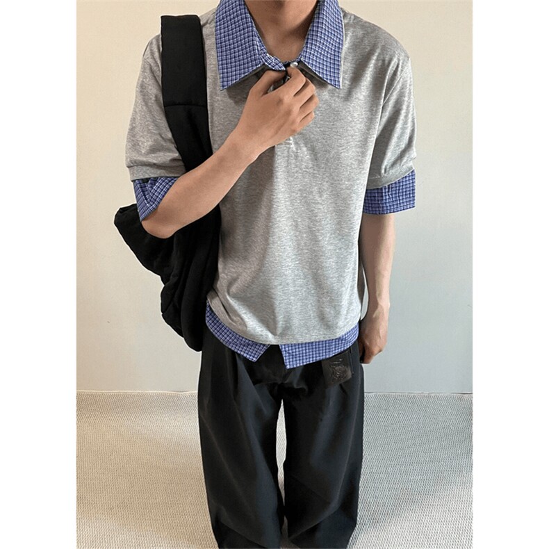 得物抖音高品质二开夏季美式潮牌高街假两件格子衬衣翻领短袖T恤,男装T恤,电商A486