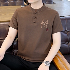 风2026夏季纯棉盘扣绣短袖T恤唐装大码男士小衫XF6512-P55，男装T恤，星座1105-3