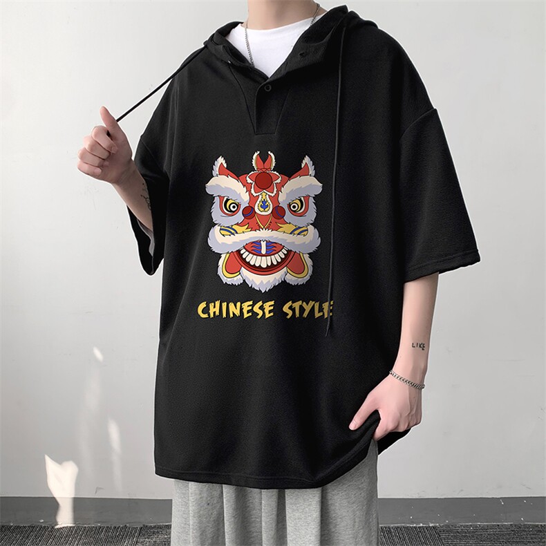 LD54185-P45连帽短袖t恤男大码胖子带帽五分袖中袖大皂风,男装T恤,电商A040