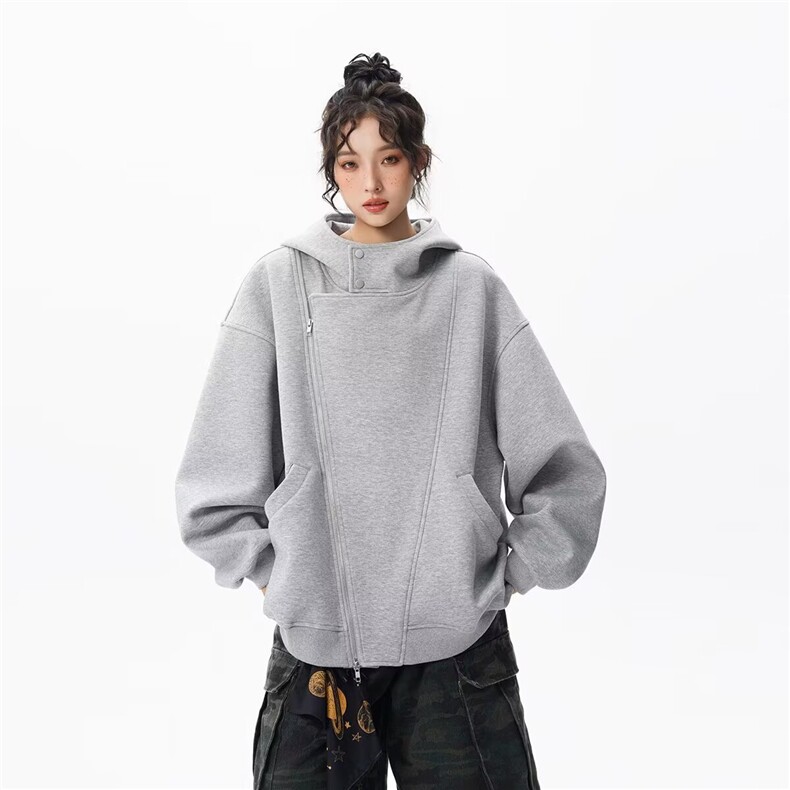 2025潮连帽卫衣男女春秋拼接解构不规则斜拉链情侣工装重磅外套，男装工装外套，星座1210-1