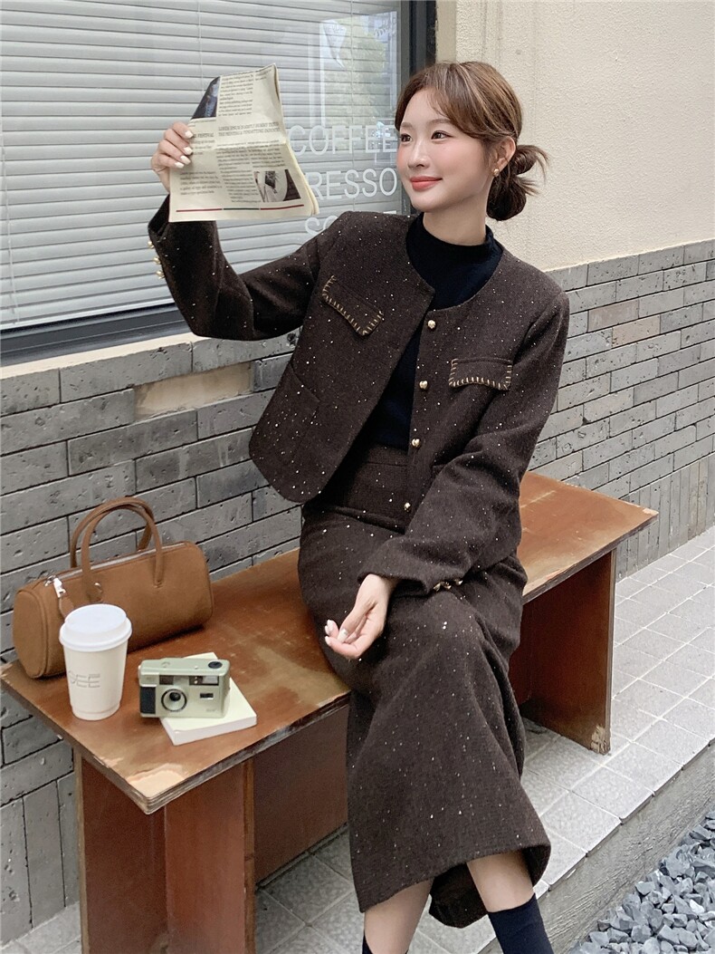 现货-高级感时尚套装2025年秋冬新款加厚夹棉气质两件套套装女,女装套装/套裙,霓裳依族