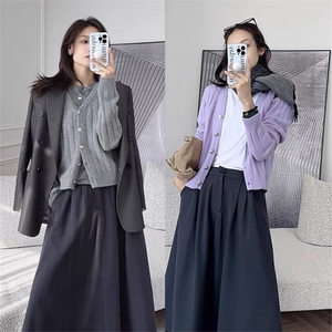 时尚百搭V领弹力羊毛开衫女款修身显瘦长袖针织衫外套图片