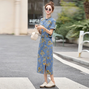 新中式印花牛仔套装女2025夏季爆款小个子复古洋气减龄短裤两件套图片