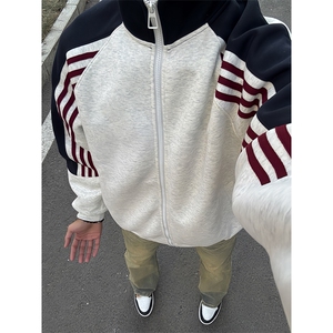 抖音得物高品质 美式高街重磅结构织带拼接撞色立领卫衣外套 CM41,女装短外套,电商A486-1