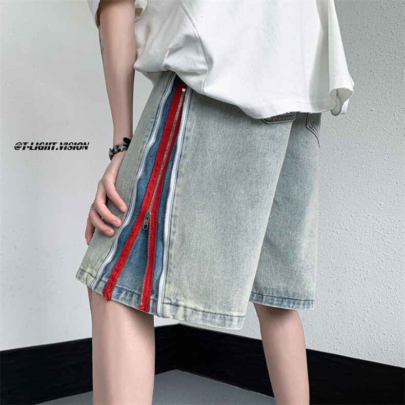 B221美式ins高街暗黑小众拉链牛仔短裤五分裤LK23094-P65控88,男装牛仔裤,电商B221