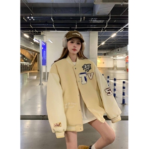 A514-P85 复古字母植绒刺绣棒球服春季潮流百搭情侣夹克上衣外套图片