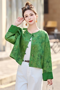 超好看绿色新中式国风提花短外套女2025春秋新款宽松显瘦圆领上衣图片