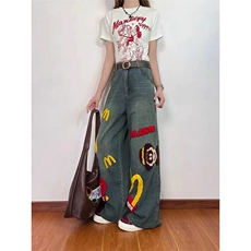 CP1183-P59卡通趣味毛巾绣牛仔裤男女美式高街潮流宽松直筒休闲，男装牛仔裤，电商B323A