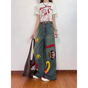 CP1183-P59 卡通趣味毛巾绣牛仔裤男女美式高街潮流宽松直筒休闲图片