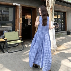 蓝色复古格子无袖连衣裙女2025夏季新款文艺学院风气质减龄背心裙，女装连衣裙，2C159