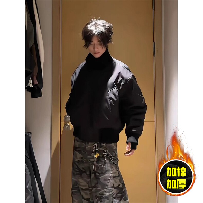 现货冬季美拉德立领飞行夹克廓形高街棒球服加棉加厚棉衣外套,男装夹克,电商A443