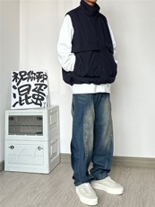 美式高街牛仔裤男女小众设计拼接廓形水洗复古直筒长裤子-B180，男装牛仔裤，星座601-2
