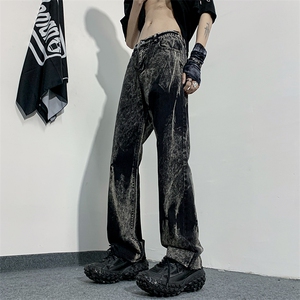 美式高街扎染牛仔裤男款cleanfit潮牌修身微喇直筒显瘦裤子夏薄款图片
