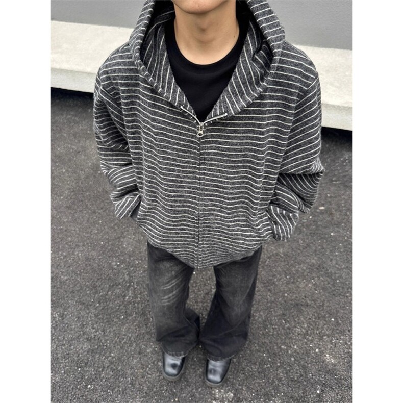 条纹连帽卫衣男款秋季高级感慵懒风开衫cleanfit情侣外套W301,女装短外套,星座1116A（原606A-3）