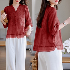 文艺复古苎麻刺绣五分袖衬衫女2025夏季新款宽松洋气减龄小衫上衣，女装衬衫，余墨