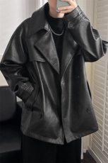 现货中长款翻领皮衣外套男潮牌设计感风衣夹克A351-AP2521-P145，男装风衣，电商A351