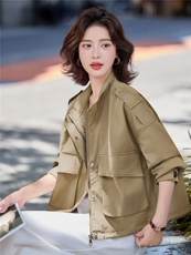 2025秋季新款休闲百搭夹克冲锋衣宽松立领短款外套女，女装短外套，E百度