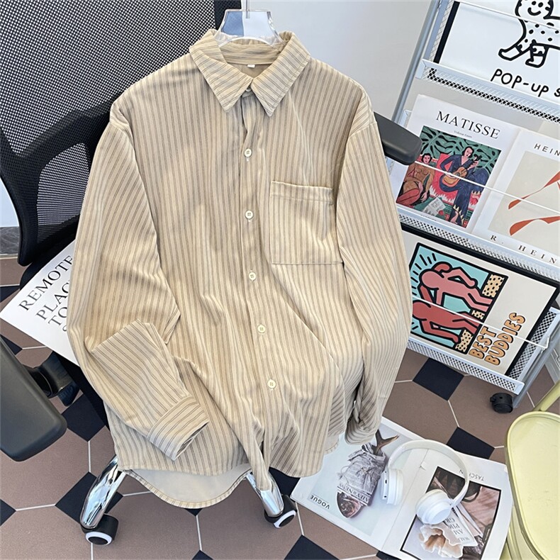 秋季新款港风日系复古丽丝绒条纹翻长袖衬衫男设计感ZC777-P45,男装衬衫,星座313A(原308A-2)