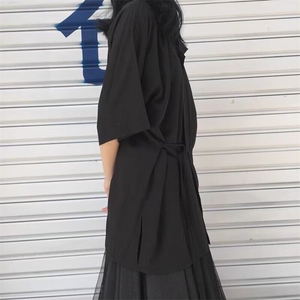 暗黑日系短袖衬衫男女绑带设计宽松大码七分袖外套2025夏季新款图片