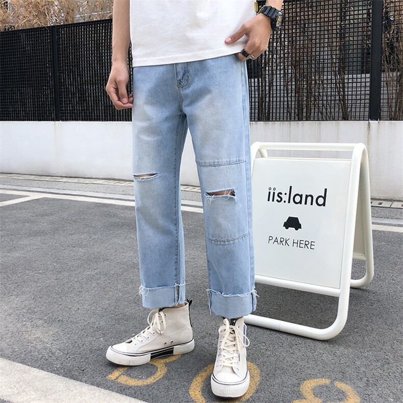2021港风春夏款男装牛仔裤破洞宽松直筒拼接款流苏潮裤N,男装牛仔裤,星座1013-1