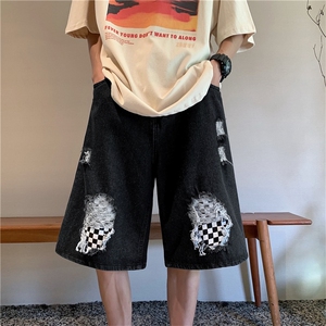 破洞棋盘格牛仔短裤男夏季高街潮牌港风休闲潮流五分裤N06658-P38图片