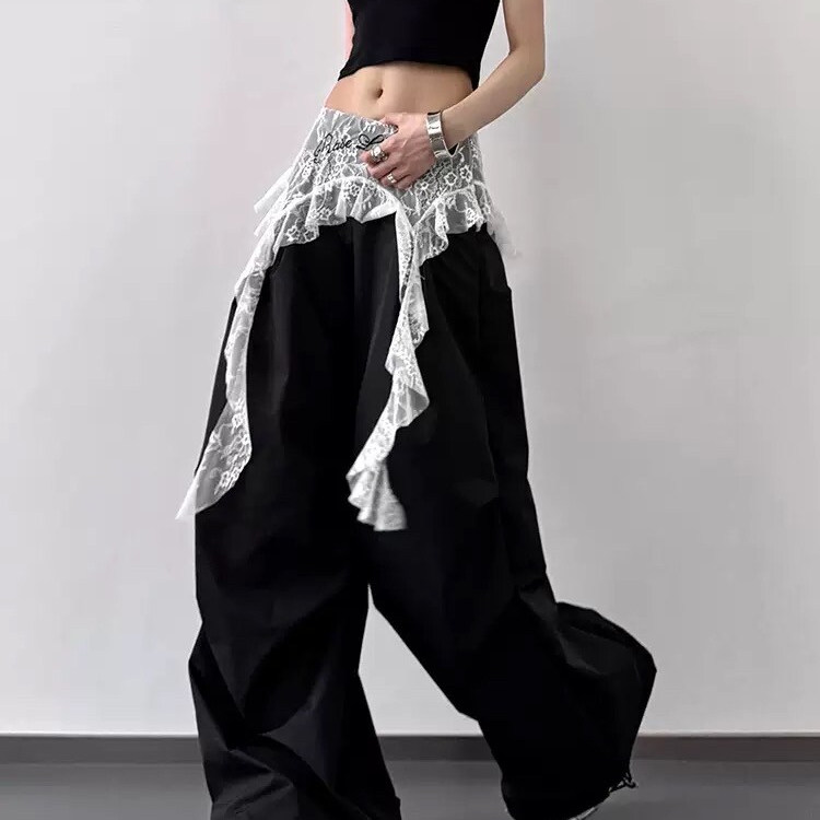 美式辣妹蕾丝拼接屁帘工装裤女2025春夏薄款宽松跳舞阔腿降落伞裤图片