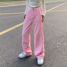 高街粉色牛仔裤男女潮牌潮流宽松休闲阔腿情侣工装裤60222-p45，女装牛仔裤，星座1008-2