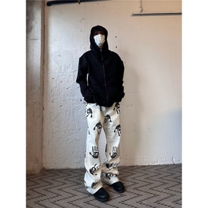 2026水墨手掌印花白色牛仔裤高街hiphop潮炸街长裤K71126-P45网图图片