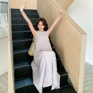 清纯系松弛感浅紫色无袖背心连衣裙女夏慵懒独特绝美度假连身长裙图片