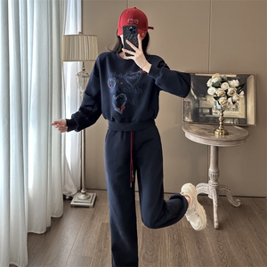 女春秋新款慵懒风深蓝色卫衣卫裤套装图片