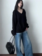 2025年秋季新款V领中长款元宝针厚款针织羊毛上衣时尚休闲通勤，女装羊毛衫，佳弈羊绒