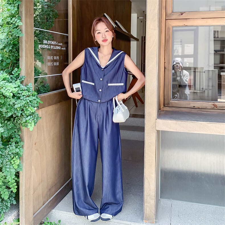 设计感海军领无袖马甲高腰阔腿裤套装女2025夏新款时尚显瘦两件套,女装套装/套裙,2D080