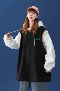 中性 秋季潮流字母印花宽松拼接抽绳卫衣 B77JR  P65控88加绒P75图片