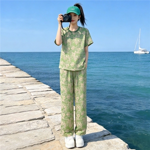 女夏季新款高端时尚花色短袖T恤套装宽松显瘦抽绳阔腿裤两件套潮图片