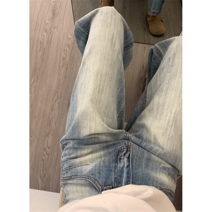 韩版设计口袋牛仔裤男女新款复古阔腿高腰修身显廋直筒水洗裤子图片