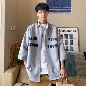 1港风竖条纹大码M-5XL中性风情侣潮七分袖衬衫男QCS7018P45控69图片