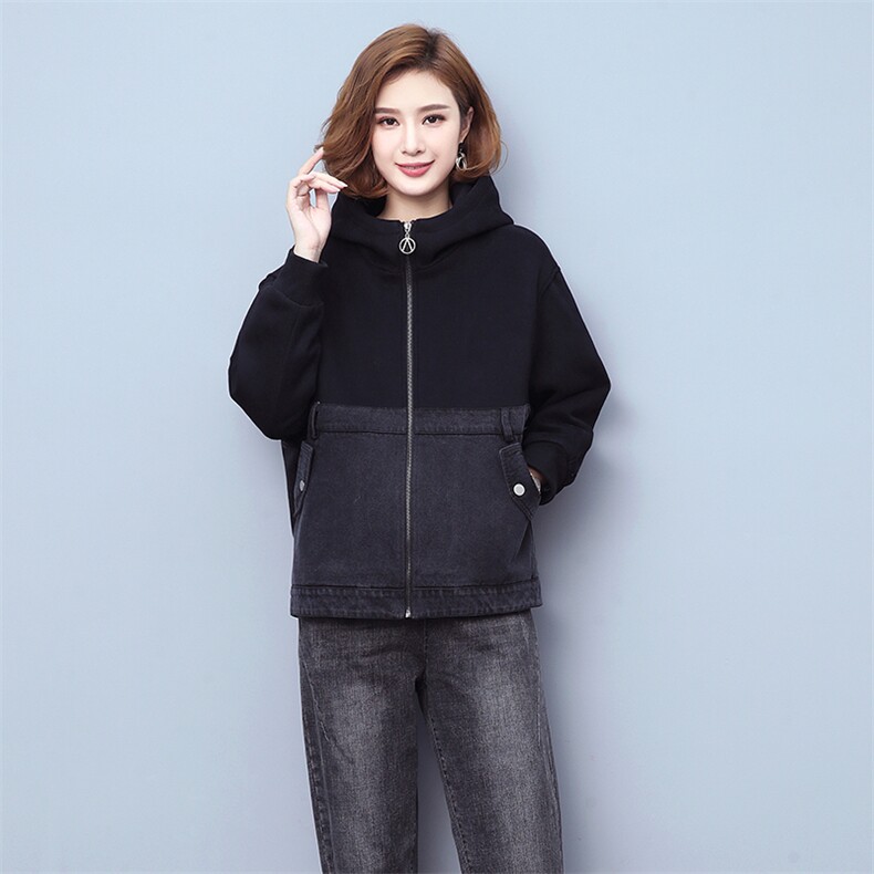 22021秋冬新款牛仔拼接连帽加绒外套,女装短外套,独衣靓
