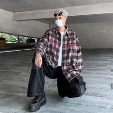 美式刺绣格子衬衫短袖男痞帅高级感格纹衬衣cleanfit外，男装衬衫，星座716-4